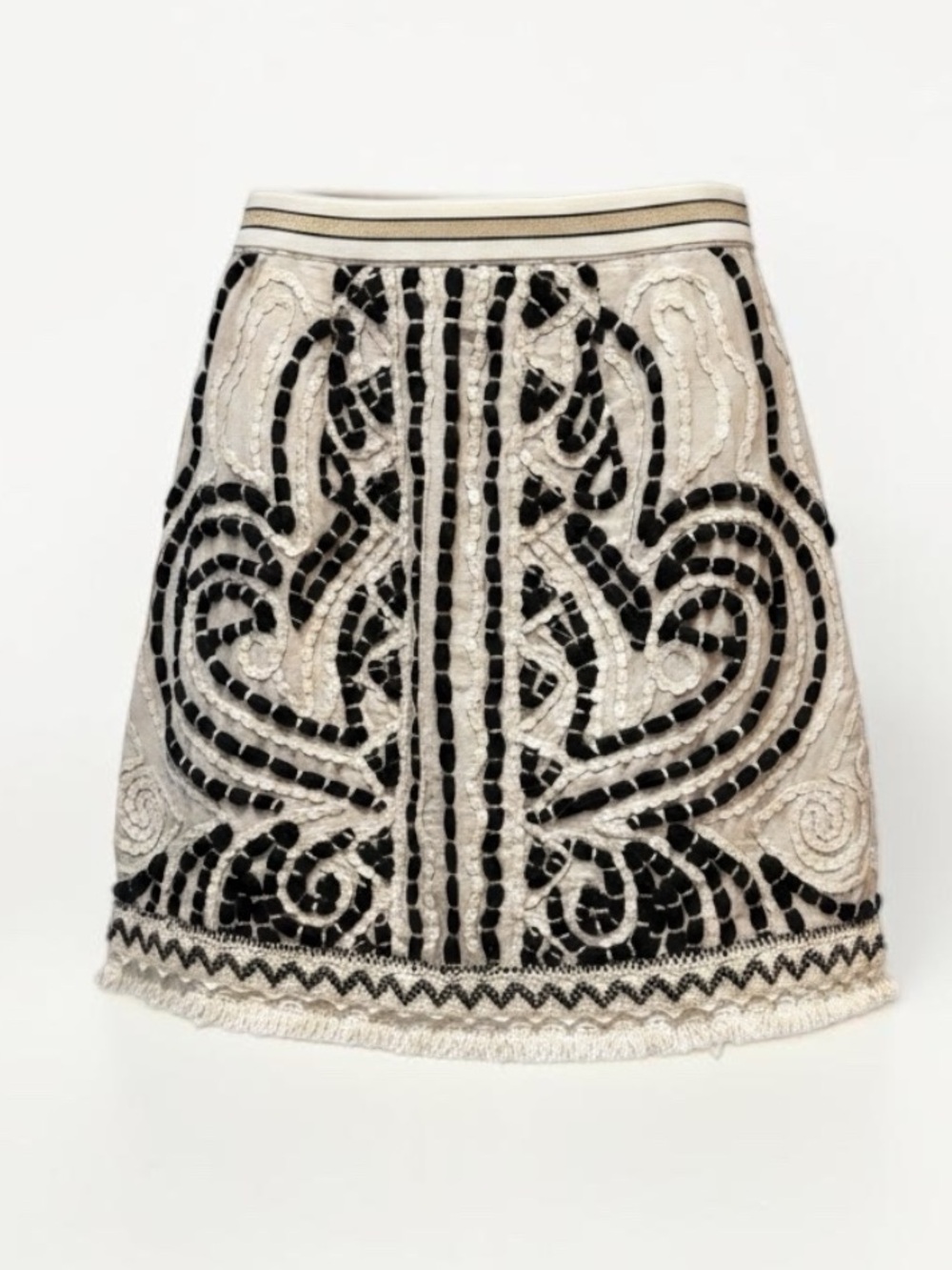 Maeve Anthropologie Cream & Black Boho Embroidered Mini Skirt Fringe - Size 6